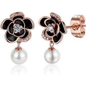 Women's Dainty Black Dangle Flower Pearl Cute Unique Beautiful Flower Earring